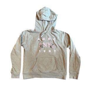 Aeropostale Women Floral Pullover Hoodie Green M Sweatshirt lightweight feminine